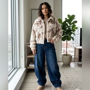 Cream and Brown Plaid Faux-Fur Cropped Jacket